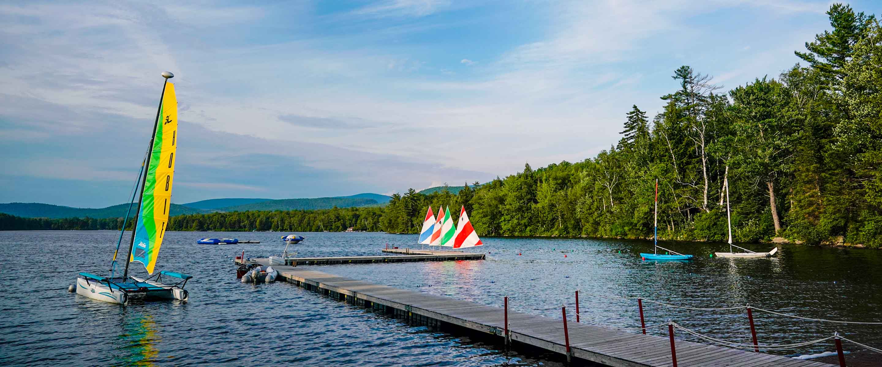 boats tied up to a dock on a lake