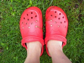 feet in red crocs